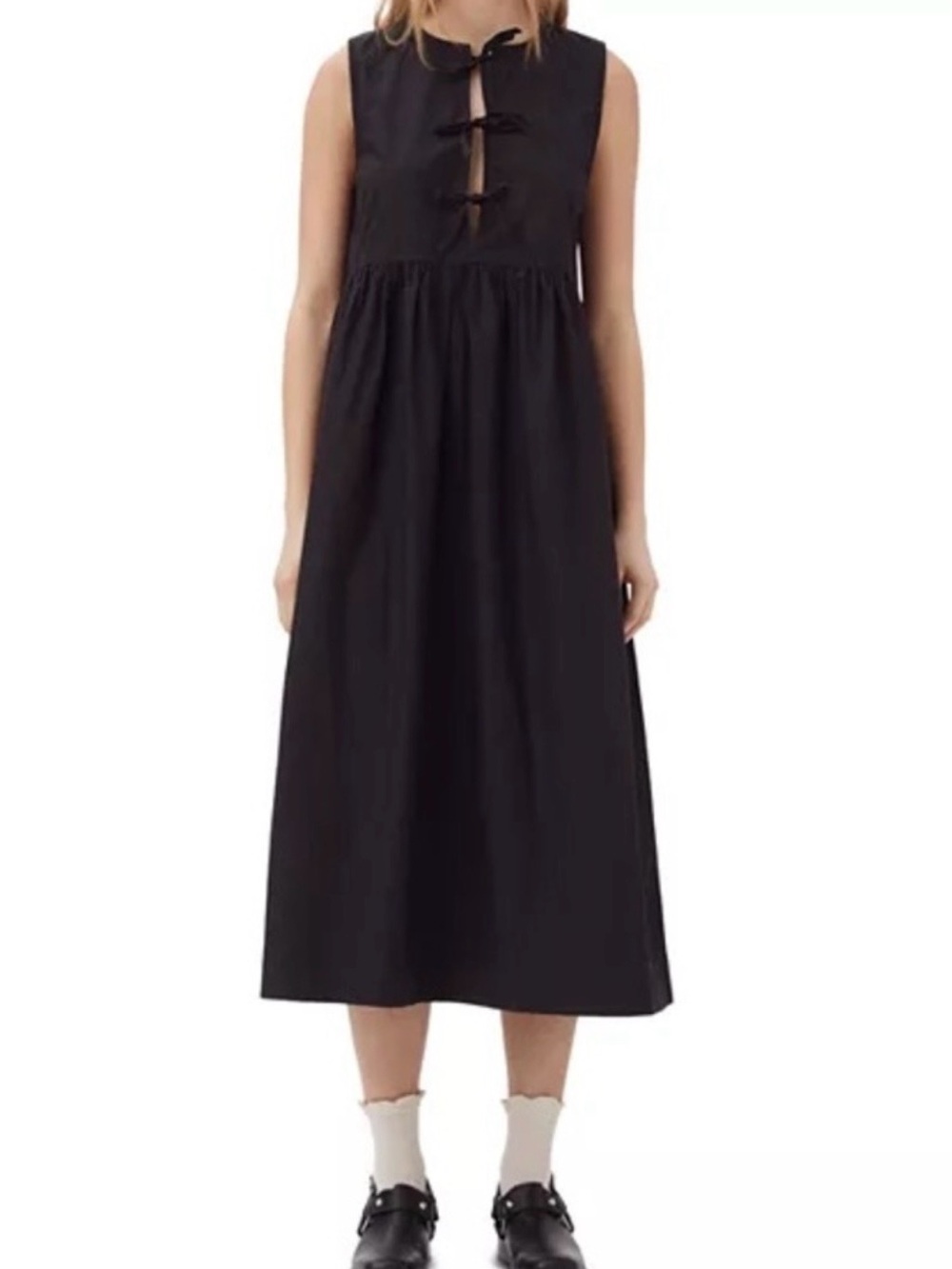 Ganni Black Sleeveless Midi Dress with Front Tie Closures